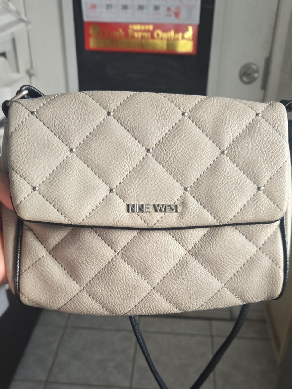 Nine West Quilted Cream Crossbody with Black Trim, Mini Size
